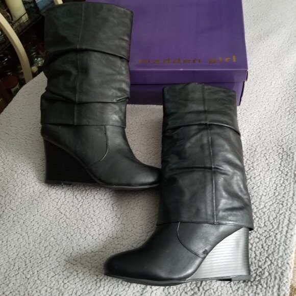 NWOT MADDEN GIRL BLACK WEDGE TALL BOOTS - Picture 7 of 8